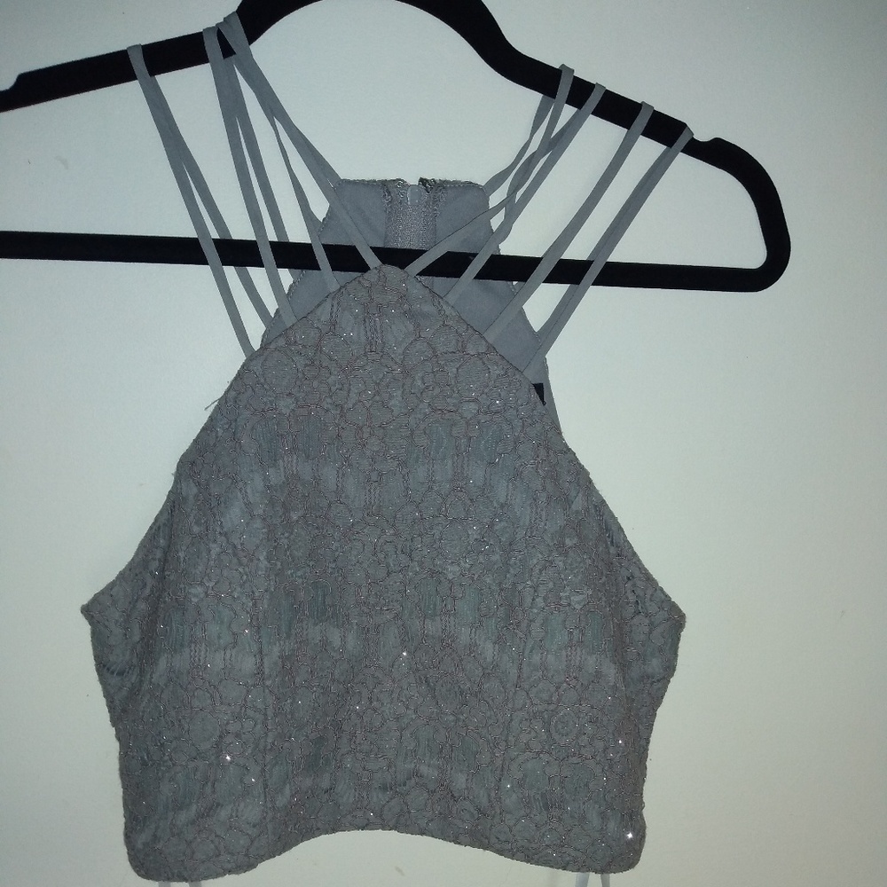 Two Piece Grey Strappy Sparkly Homecoming Dress